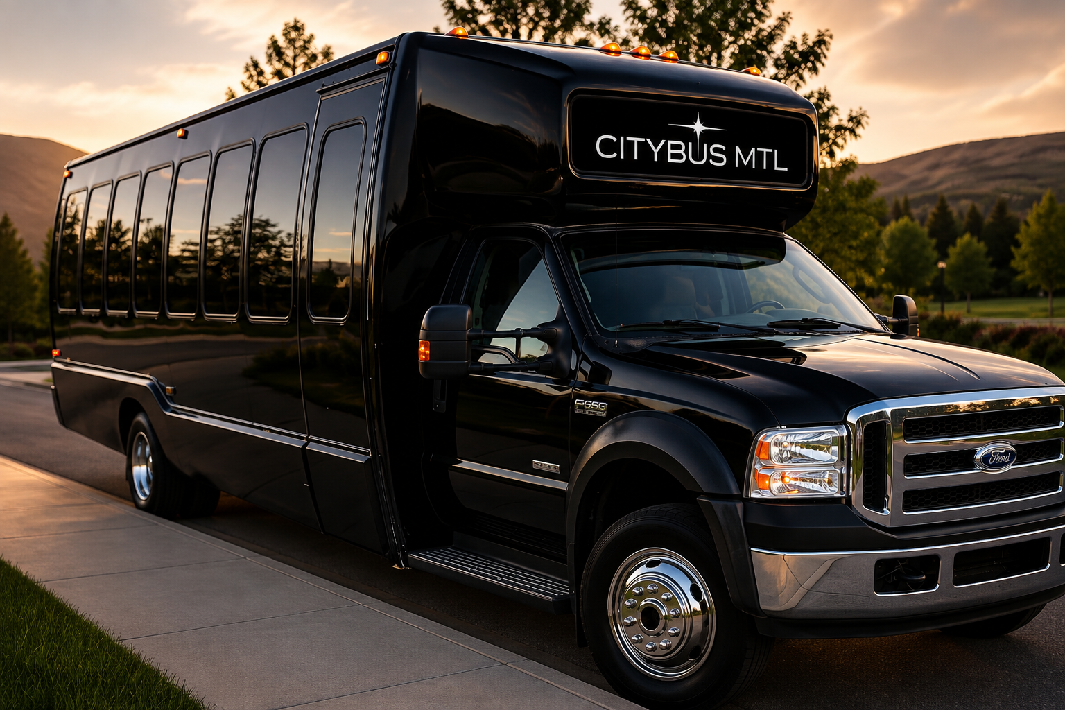 Extérieur du limo bus CityBus MTL au coucher du soleil