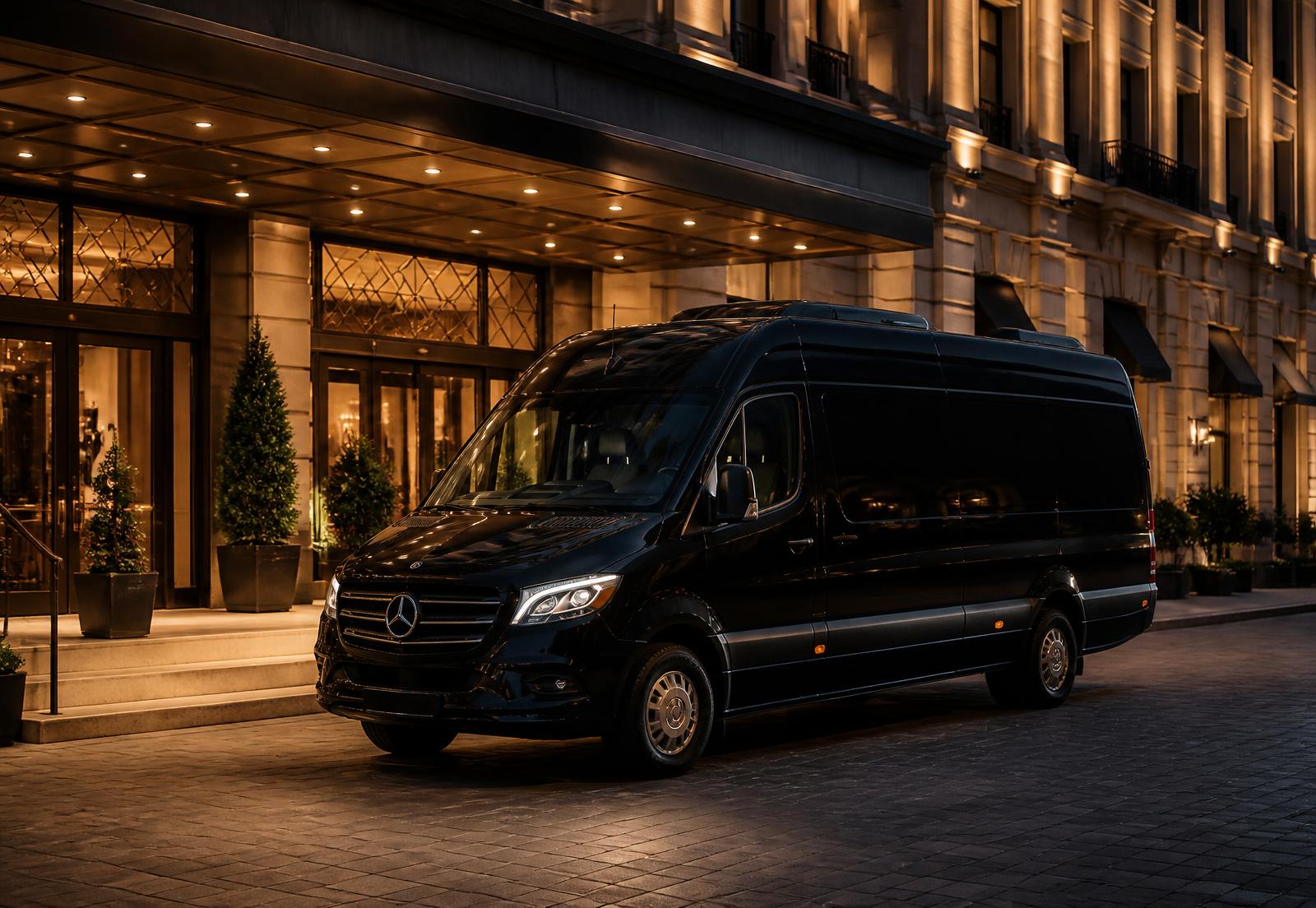 Black luxury Mercedes Sprinter waiting at a refined venue entrance