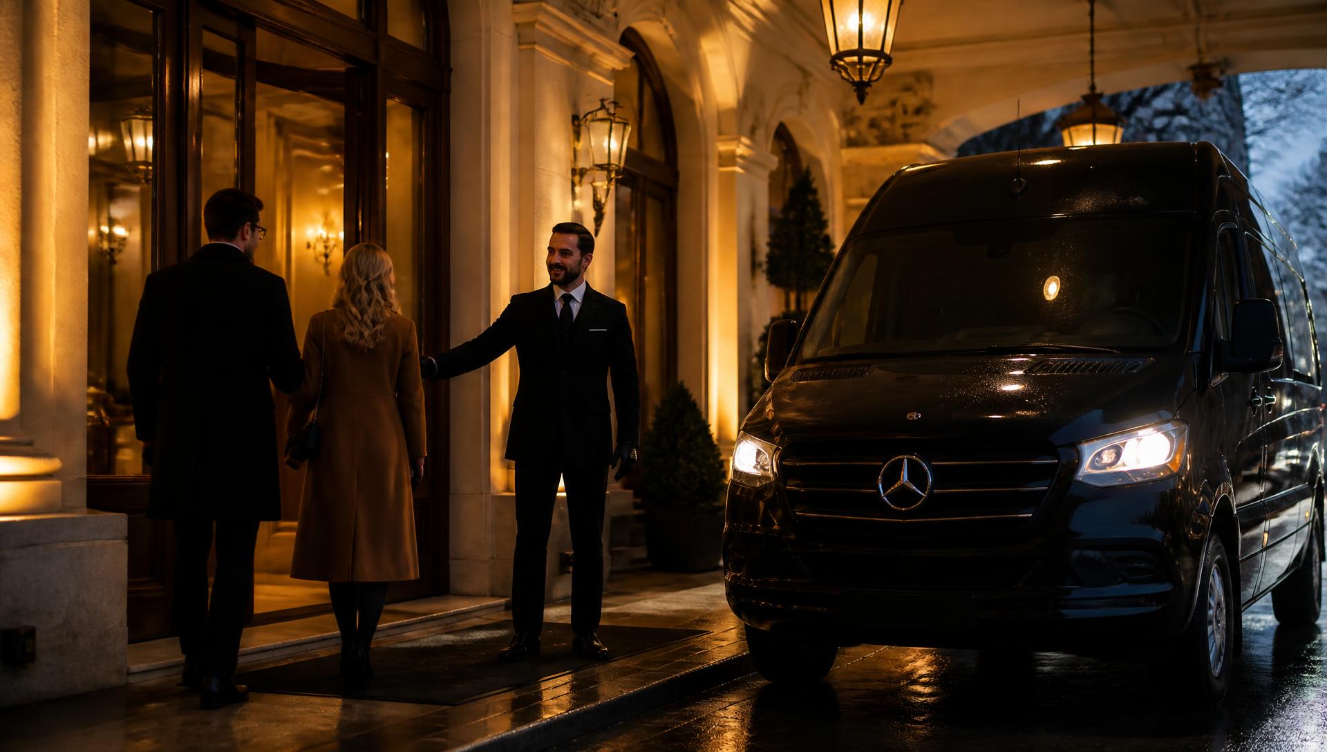 Chauffeur welcoming guests beside a Mercedes Sprinter at a luxury Montreal hotel entrance